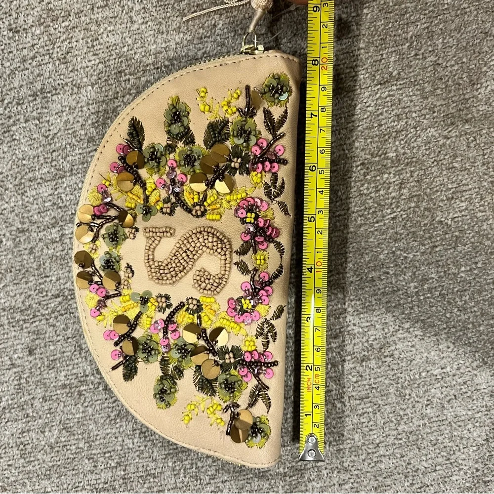 Anthropologie Beige Embellished Tassel Key & Card Holder